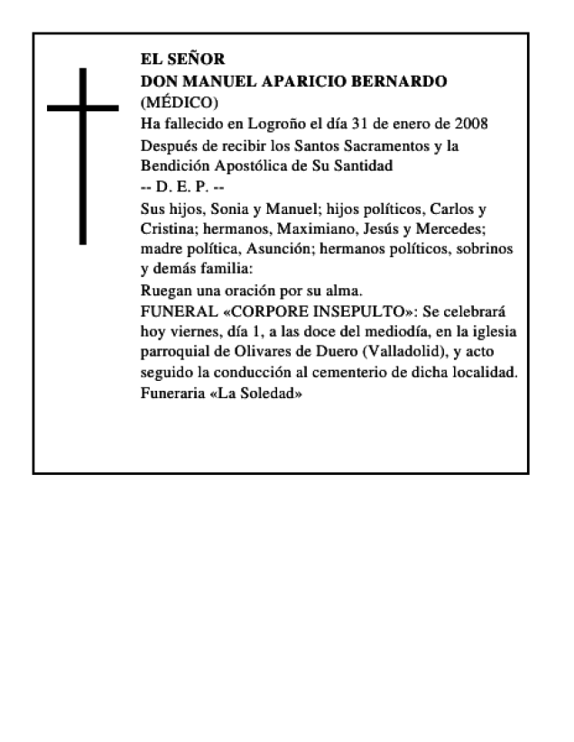 DON MANUEL APARICIO BERNARDO Esquela Necrológica El Norte de Castilla