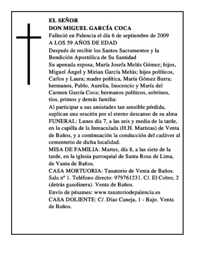 DON MIGUEL GARCÍA COCA Esquela Necrológica El Norte de Castilla