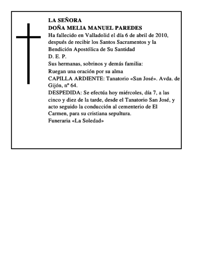 Do A Melia Manuel Paredes Esquela Necrol Gica El Norte De Castilla