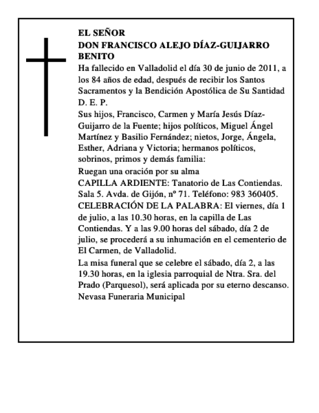 Don Francisco Alejo D Az Guijarro Benito Esquela Necrol Gica El