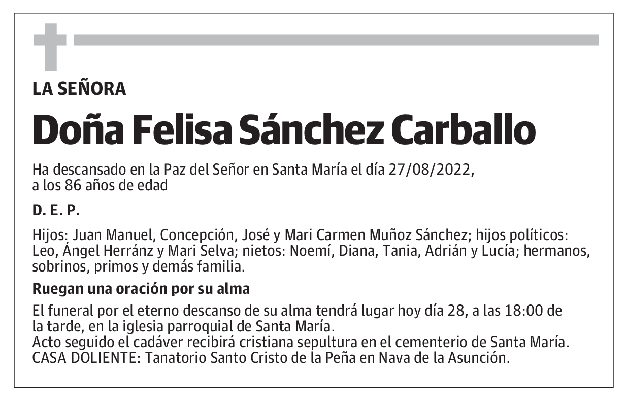 Felisa S Nchez Carballo Esquela El Norte De Castilla