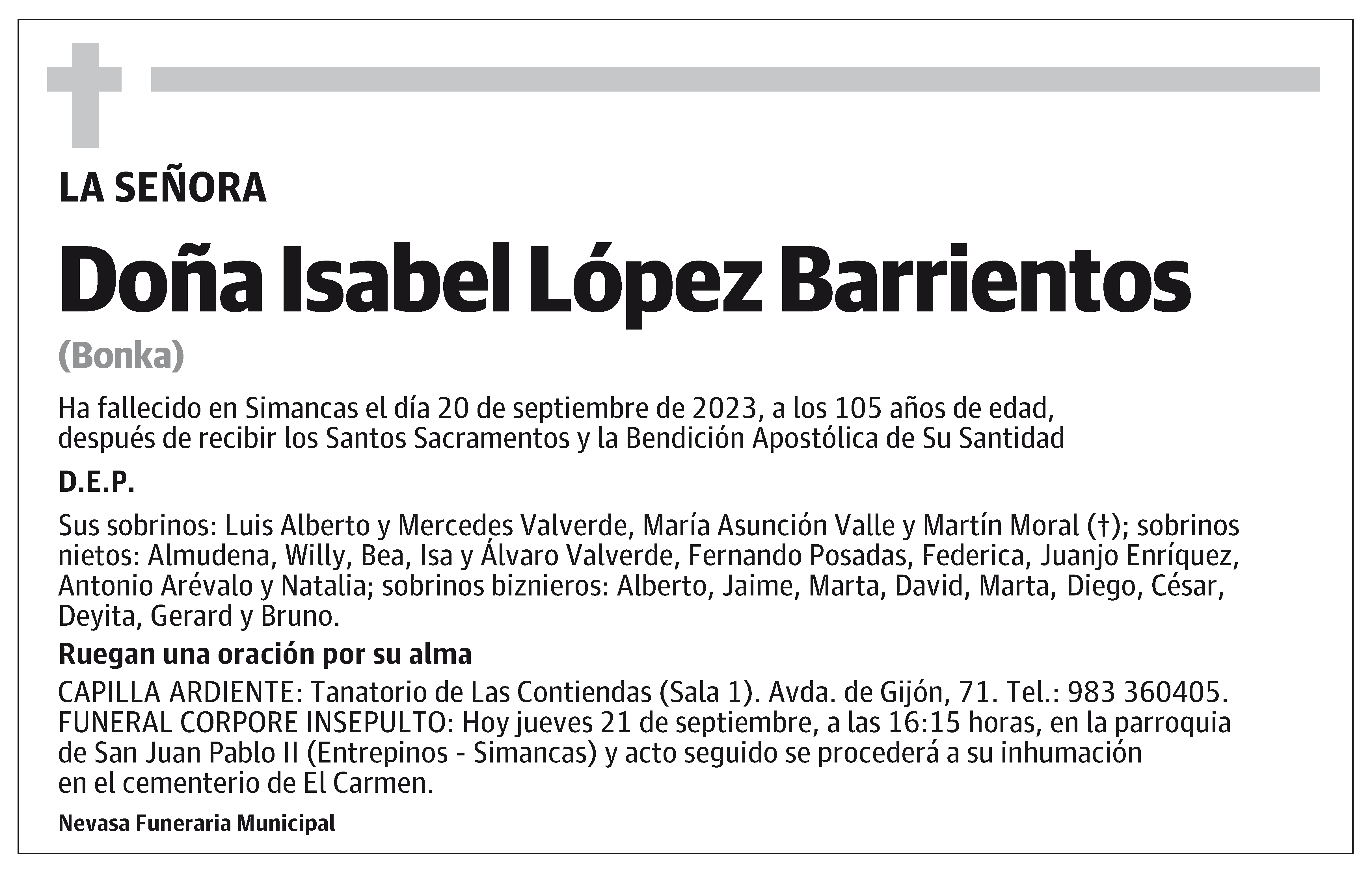 Isabel L Pez Barrientos Esquela El Norte De Castilla