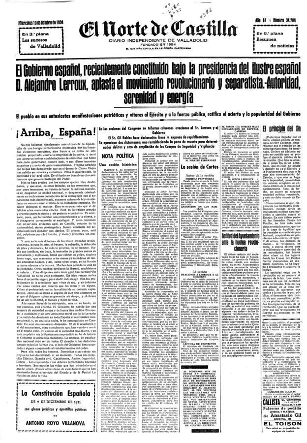 Portada de El Norte de Castilla del 10 de octubre de 1934./