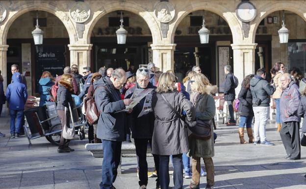 Un grupo de turistas consulta un mapa en la Plaza Mayor./LAYA
