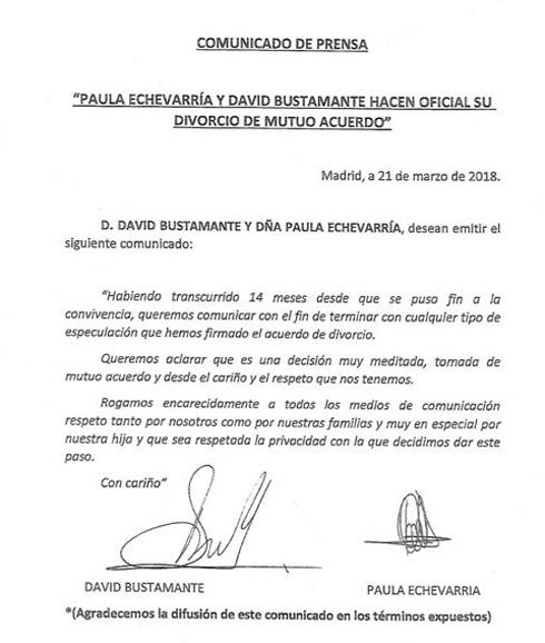 El comunicado emitido por la expareja.