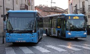 Dos autobuses del transporte urbano de Segovia, en la parada de la calle Colón. / Antonio de Torre/