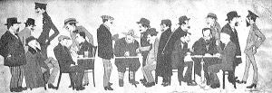 'Tertulia de La Suiza', pintado por Luis Martí Alonso en 1914. De izquierda a derecha, Remigio García, Tomás González, Campomanes (sentado), Luis Martí (de uniforme), Sindulfo de la Fuente (sentado), Julián María Otero, señor Ibáñez (sentado), Francisco Martín Pajares, Julio Juan Blanquer (sentado), Luis Rincón Lazcano, Julián Blanc (sentado), Andrés Marcos Callejo, Julián Polo, Miguel Rodríguez Redondo (sentado), Jorge Zurdo (sentado), Isaac Jimeno, Alejandro Barba (sentado) y Andrés Reguera. / ESTUDIOS SEGOVIANOS/