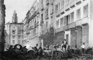 Litografía que muestra una barricada en la calle de la Montera de Madrid el 19 de julio de 1854. ::
URRABIETA/