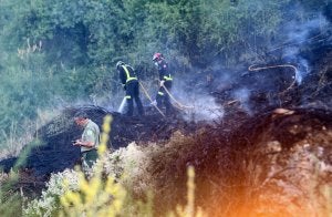 Bomberos de Segovia y agentes forestales de la Junta sofocan los rescoldos del incendio ocurrido en la ladera de los Altos de la Piedad en junio de este año. :: ANTONIO DE TORRE/