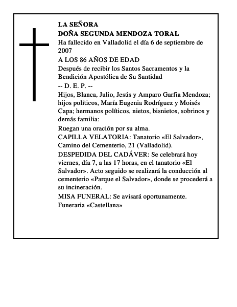 DOÑA SEGUNDA MENDOZA TORAL