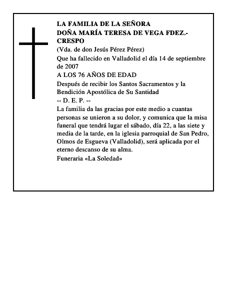 DOÑA MARÍA TERESA DE VEGA FDEZ.-CRESPO