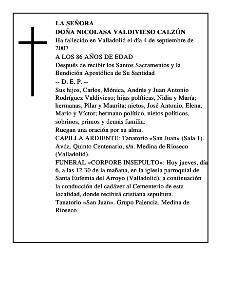 DOÑA NICOLASA VALDIVIESO CALZÓN