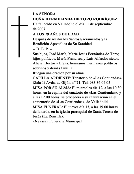 DOÑA HERMELINDA DE TORO RODRÍGUEZ