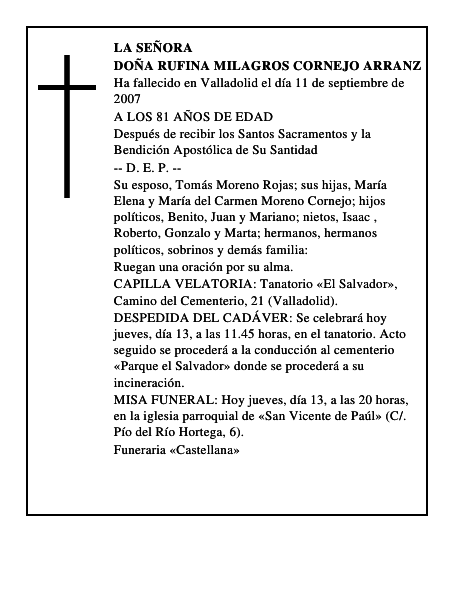 DOÑA RUFINA MILAGROS CORNEJO ARRANZ