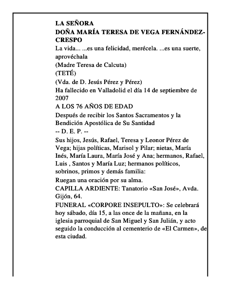 DOÑA MARÍA TERESA DE VEGA FERNÁNDEZ-CRESPO