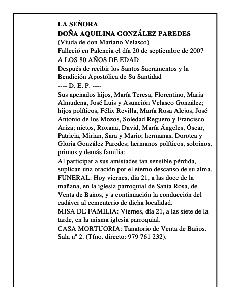 DOÑA AQUILINA GONZÁLEZ PAREDES