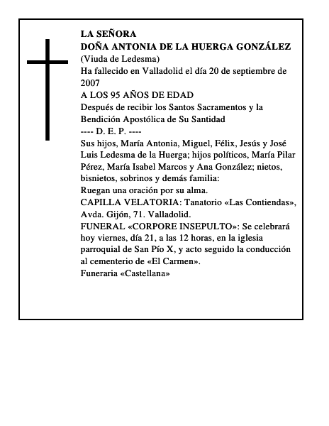 DOÑA ANTONIA DE LA HUERGA GONZÁLEZ