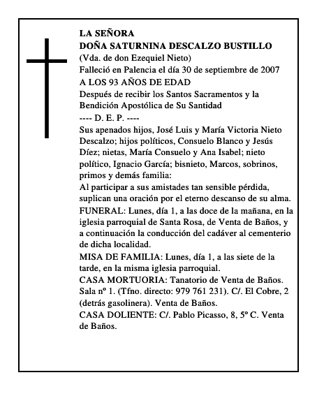 DOÑA SATURNINA DESCALZO BUSTILLO