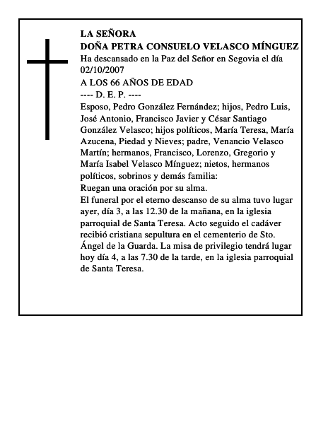 DOÑA PETRA CONSUELO VELASCO MÍNGUEZ