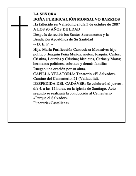 DOÑA PURIFICACIÓN MONSALVO BARRIOS