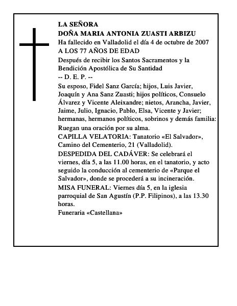 DOÑA MARIA ANTONIA ZUASTI ARBIZU