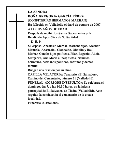 DOÑA GREGORIA GARCÍA PÉREZ