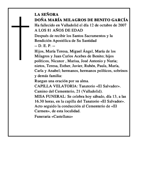 DOÑA MARÍA MILAGROS DE BENITO GARCÍA