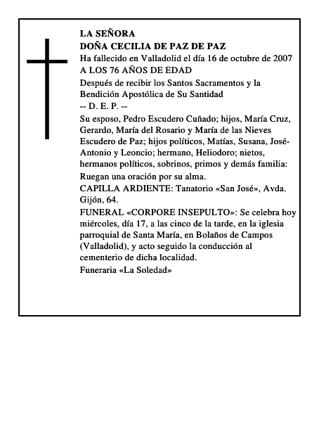 DOÑA CECILIA DE PAZ DE PAZ