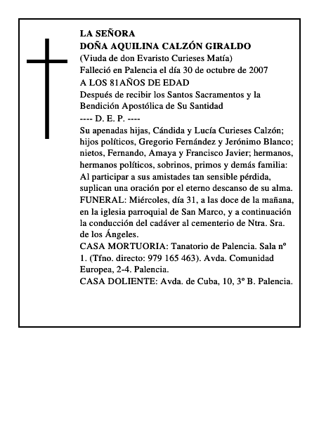 DOÑA AQUILINA CALZÓN GIRALDO