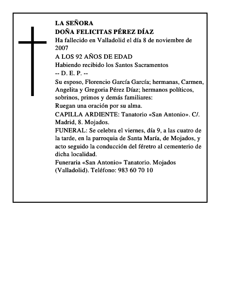 DOÑA FELICITAS PÉREZ DÍAZ