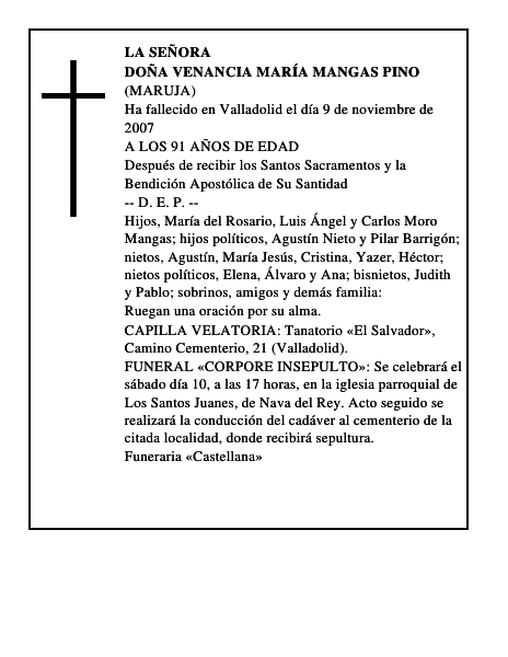 DOÑA VENANCIA MARÍA MANGAS PINO