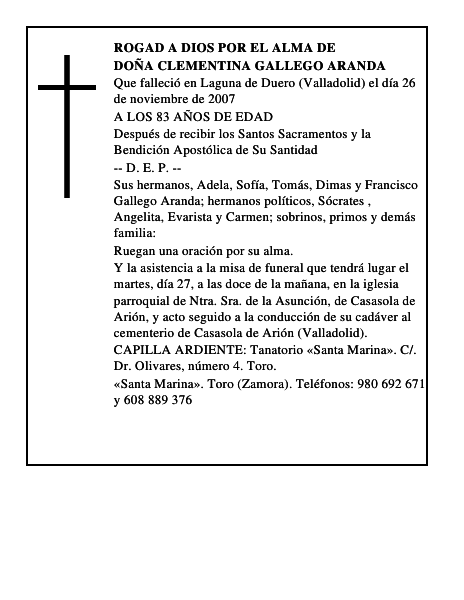 DOÑA CLEMENTINA GALLEGO ARANDA