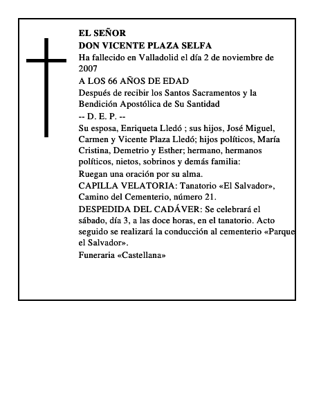 DON VICENTE PLAZA SELFA