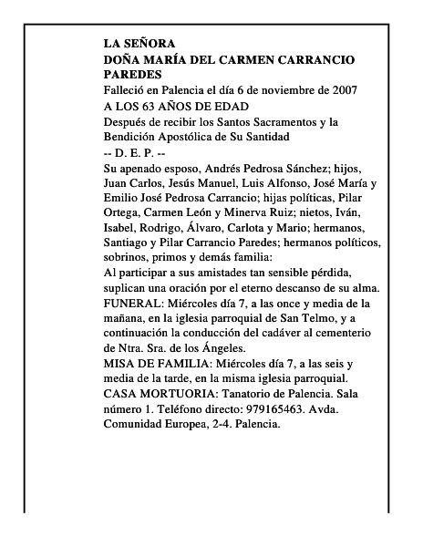 DOÑA MARÍA DEL CARMEN CARRANCIO PAREDES