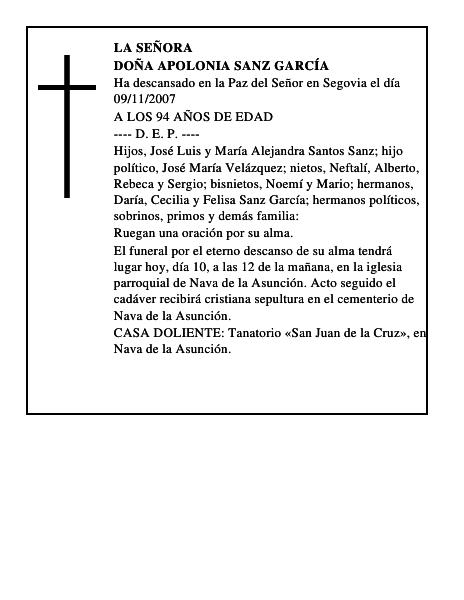 DOÑA APOLONIA SANZ GARCÍA