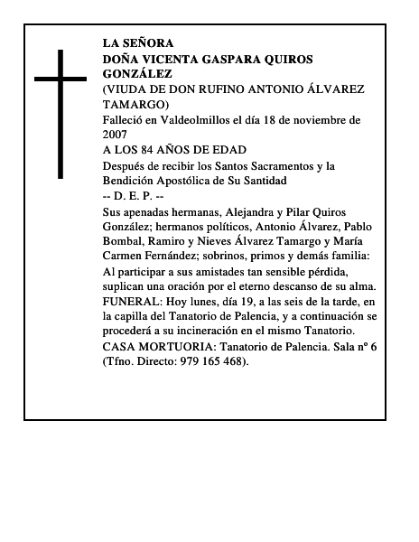DOÑA VICENTA GASPARA QUIROS GONZÁLEZ
