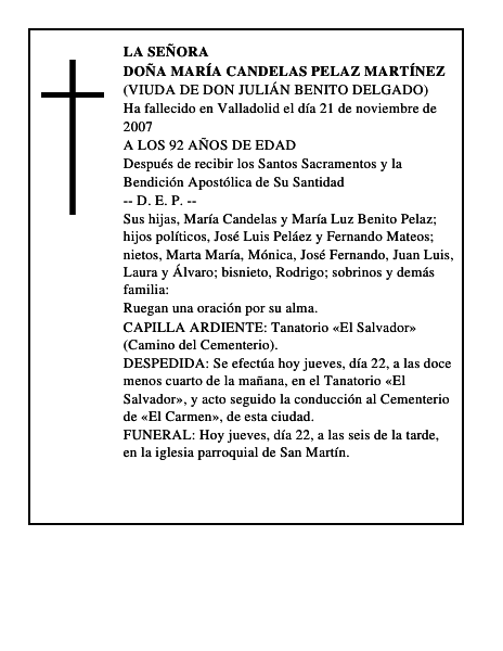 DOÑA MARÍA CANDELAS PELAZ MARTÍNEZ