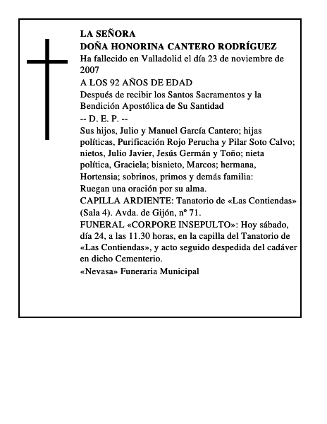 DOÑA HONORINA CANTERO RODRÍGUEZ