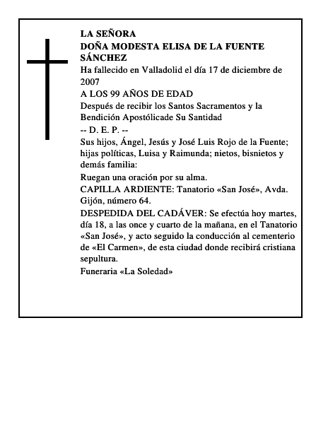 DOÑA MODESTA ELISA DE LA FUENTE SÁNCHEZ