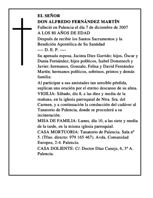 DON ALFREDO FERNÁNDEZ MARTÍN Esquela Necrológica El Norte de Castilla
