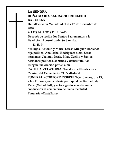 DOÑA MARÍA SAGRARIO ROBLEDO BARCIELA