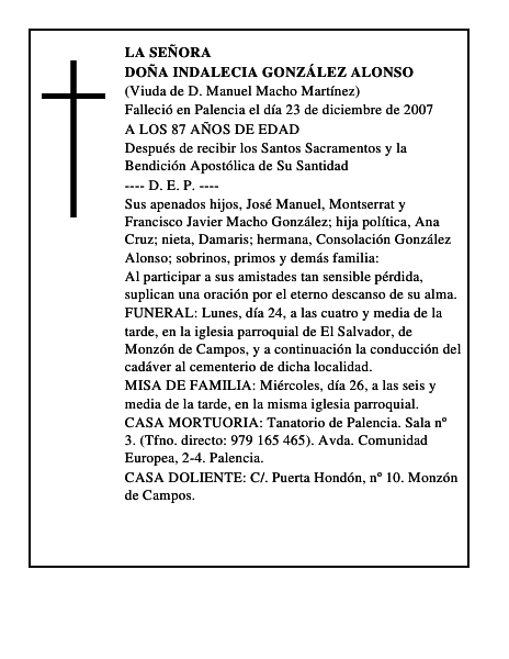 DOÑA INDALECIA GONZÁLEZ ALONSO