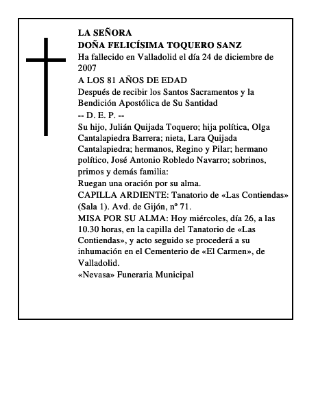 DOÑA FELICÍSIMA TOQUERO SANZ