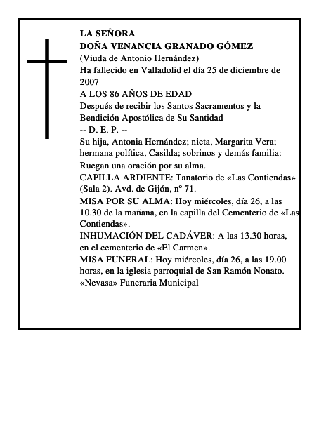DOÑA VENANCIA GRANADO GÓMEZ