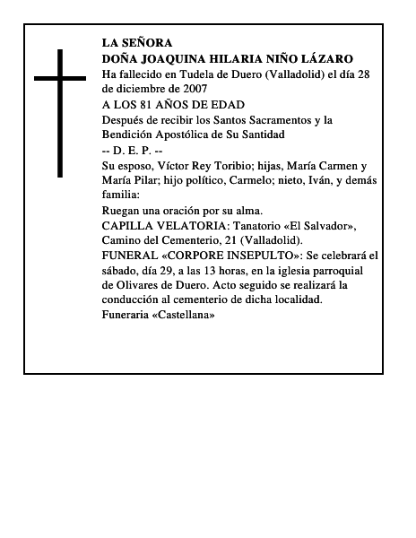 DOÑA JOAQUINA HILARIA NIÑO LÁZARO