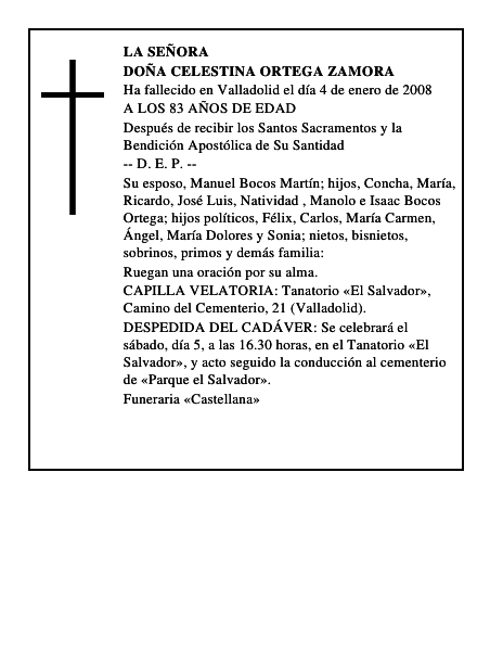 DOÑA CELESTINA ORTEGA ZAMORA