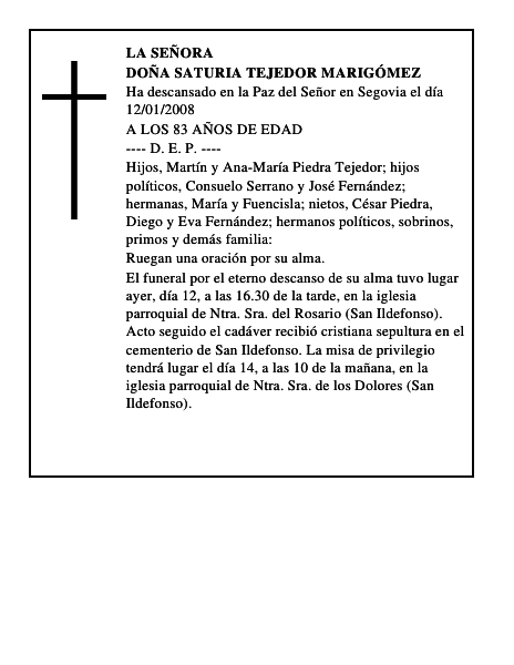 DOÑA SATURIA TEJEDOR MARIGÓMEZ
