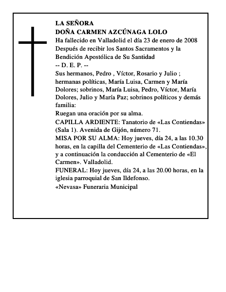 DOÑA CARMEN AZCÚNAGA LOLO
