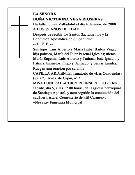 DOÑA VICTORINA VEGA RIOSERAS