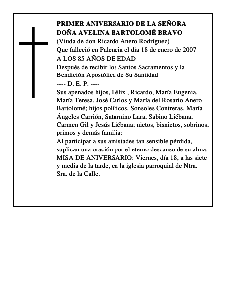 DOÑA AVELINA BARTOLOMÉ BRAVO
